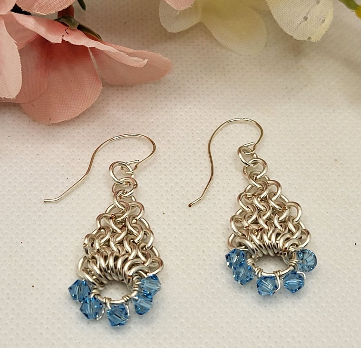 Silver Tone Chain Mail Earrings with blule crystal beads