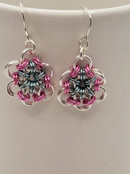 Silver, pink, and blue chain mail circle earrings