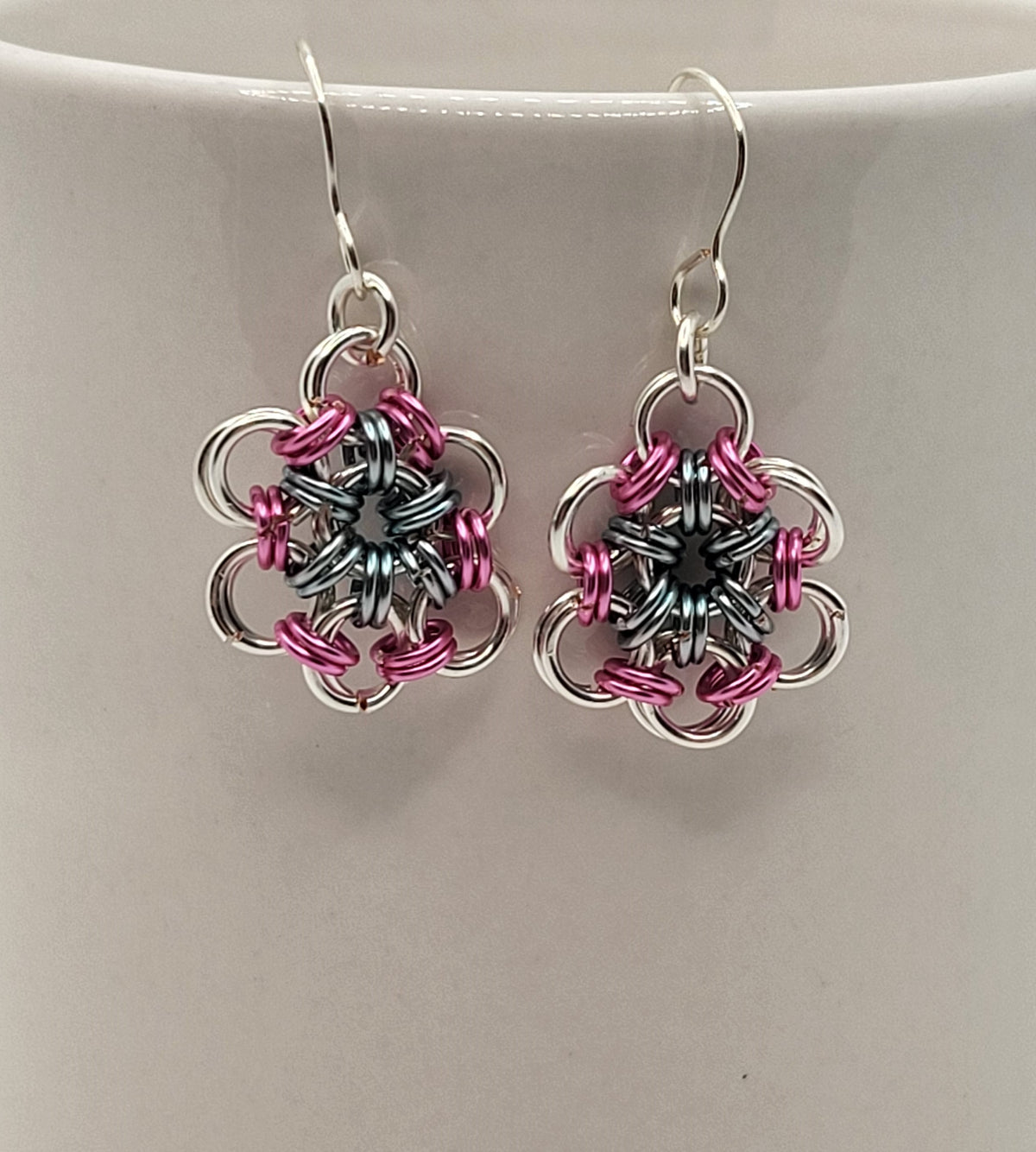 Silver, pink, and blue chain mail circle earrings