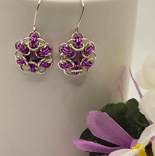 Silver and Fuschia chain mail earrings