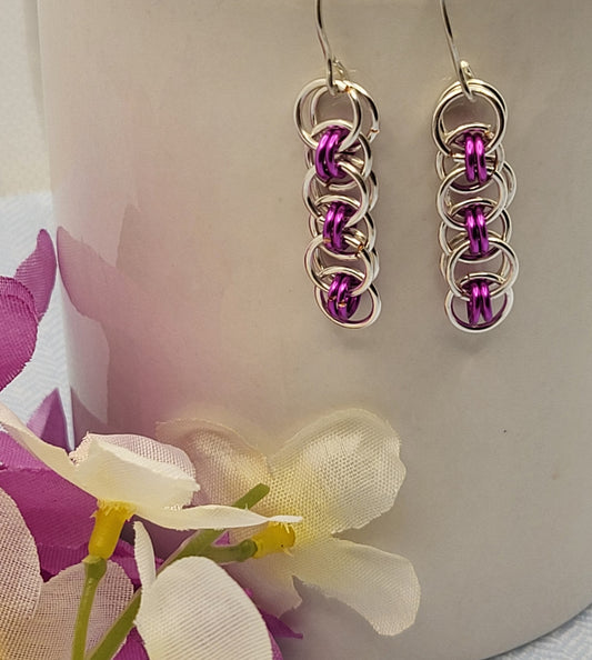 Purple and silver chain mail earrings