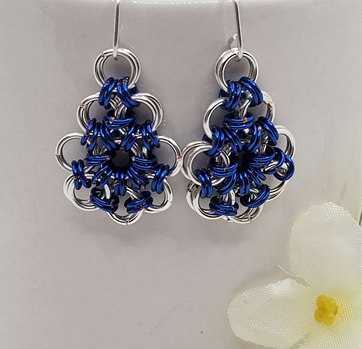 Silver and blue chain mail earrings