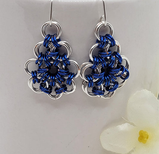 Silver and blue chain mail earrings