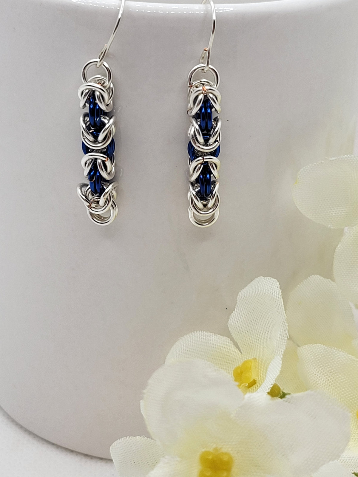 Blue and silver chain mail earrings