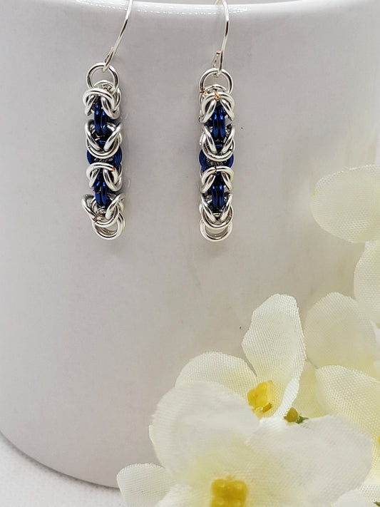 Blue and silver chain mail earrings