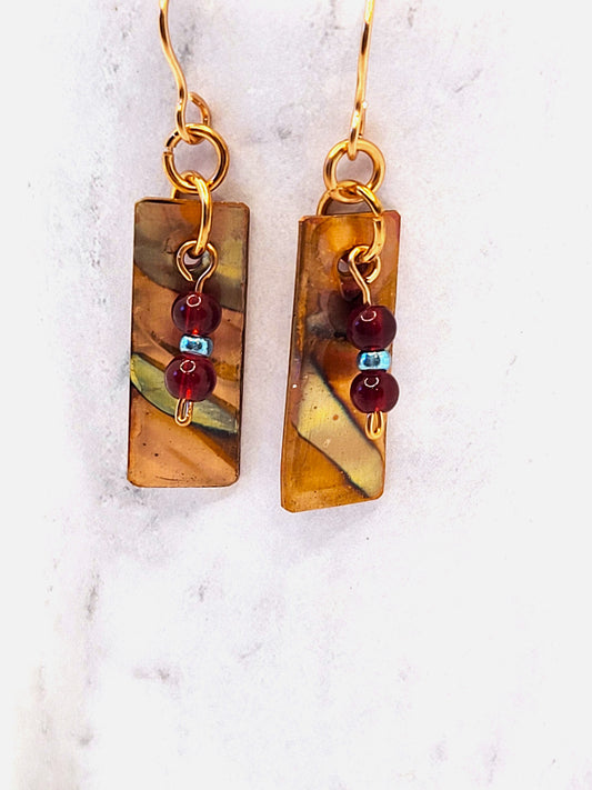 Rectangle Flame Colored Copper Earrings