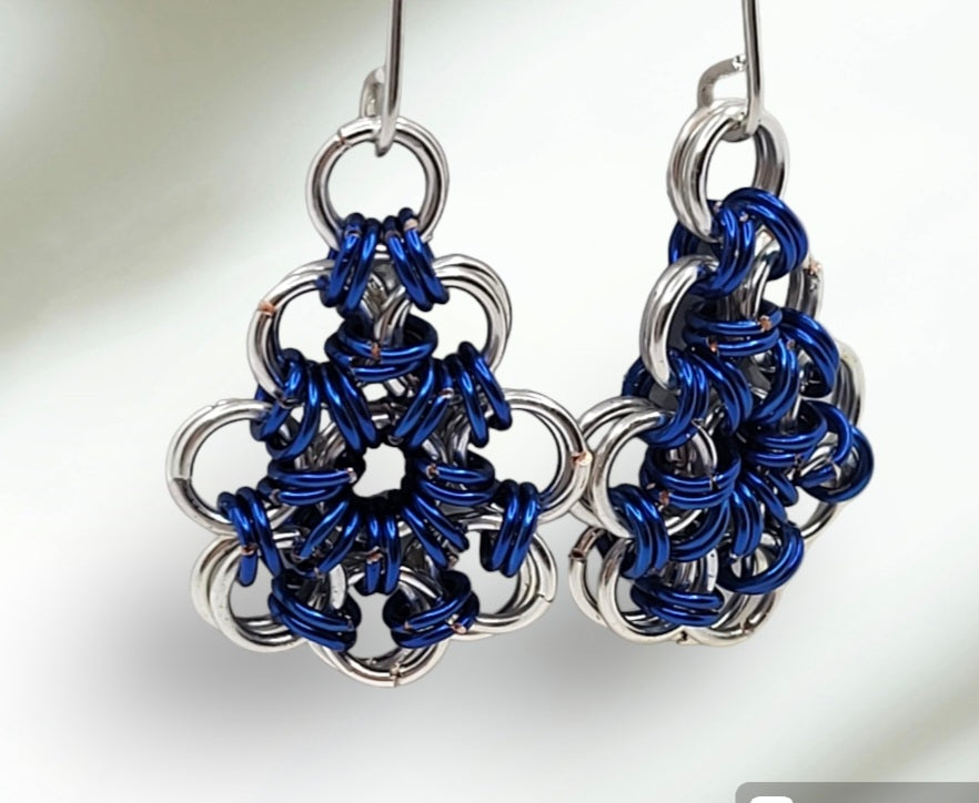 Silver and blue chain mail earrings