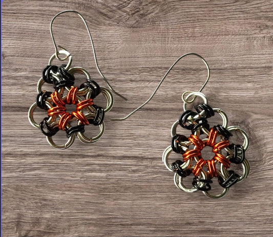Orange and Black  Chain Mail Circle Earrings