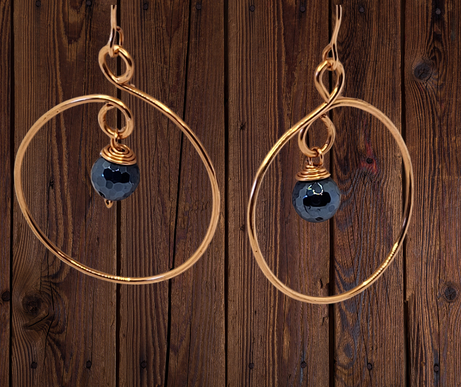 Copper Hoop Earrings with Blue Beads