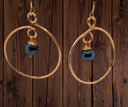 Copper Hoop Earrings with Blue Beads