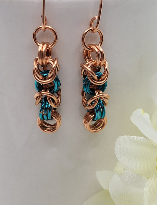 Copper and blue chain mail earrings