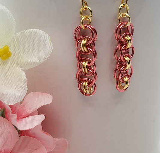 Gold and coral chain mail earrings