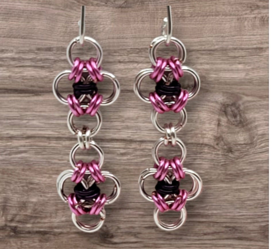 Pink and silver chain mail earrings
